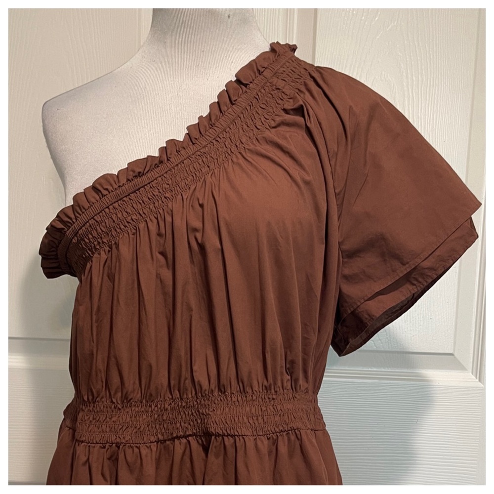 J Crew Smocked one-shoulder dress in cotton poplin Roasted Cocoa Brown - Picture 4 of 8